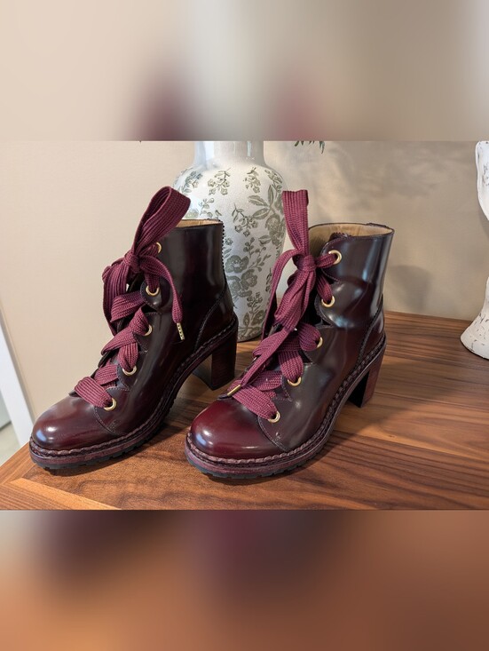 The Office Of Angela Scott Shoes - Women's The Office Of Angela Scott Burgundy Lace-Up Block Heel Boots, Size 37